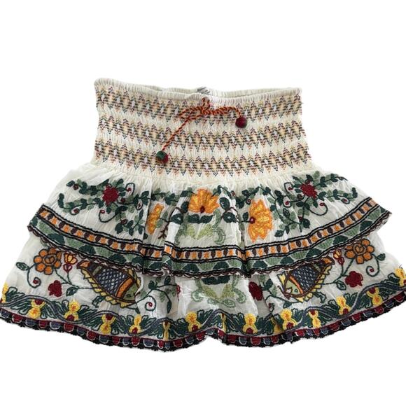 Zara Skirt Womens Small White Embroidered Smocked Waist Boho Floral Ruffle India - Picture 1 of 8